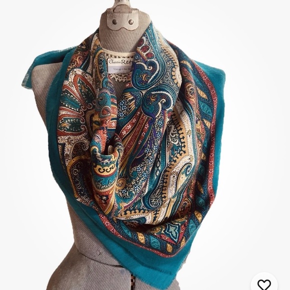 Specialty House Accessories - Italian Oversized Scarf Turquoise Paisley Fringed Square Wrap Statement Italy LG